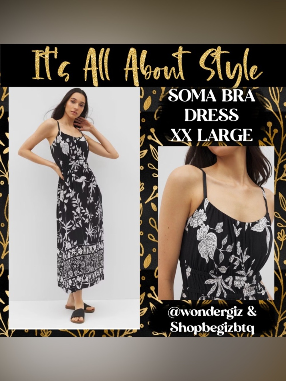 NWT Soma Soft Jersey Paradiso Midi Bra Dress In Peaceful Floral Black XX-LARGE
